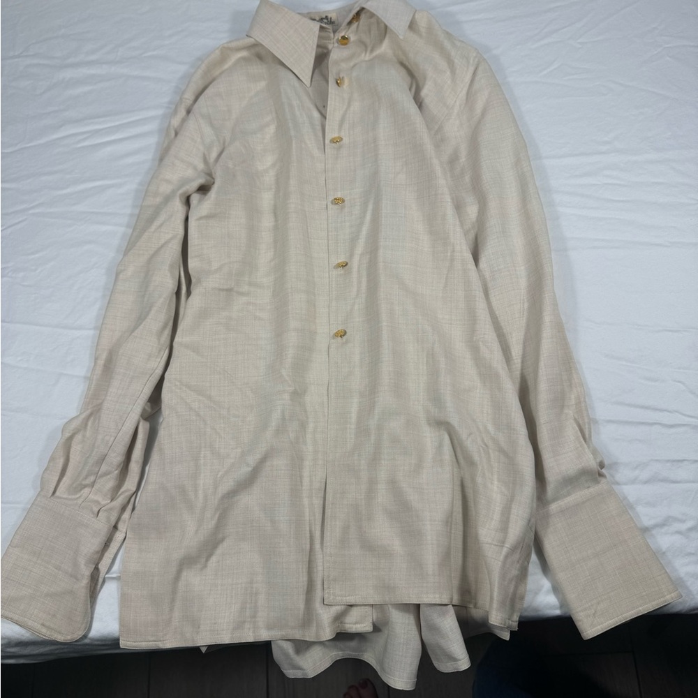 Hermes Tan/Cream Long Sleeve Button-Up Shirt